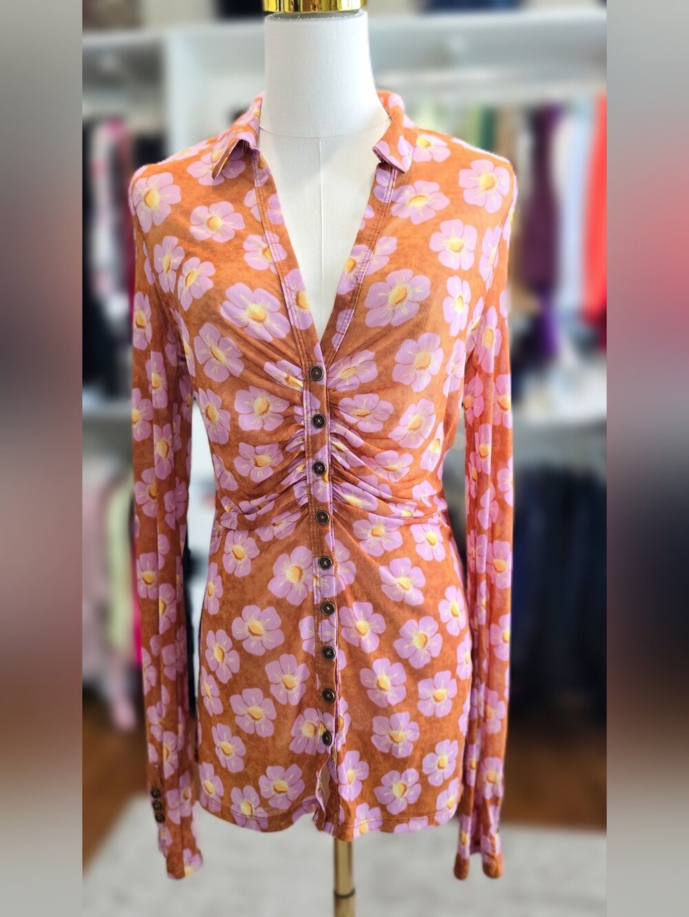 Free People Orange Floral Button-Front Long Sleeve Dress